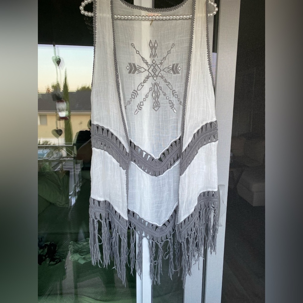 Miracle Gray Tunic vest boho beach festival Fringe macrame - Picture 8 of 8